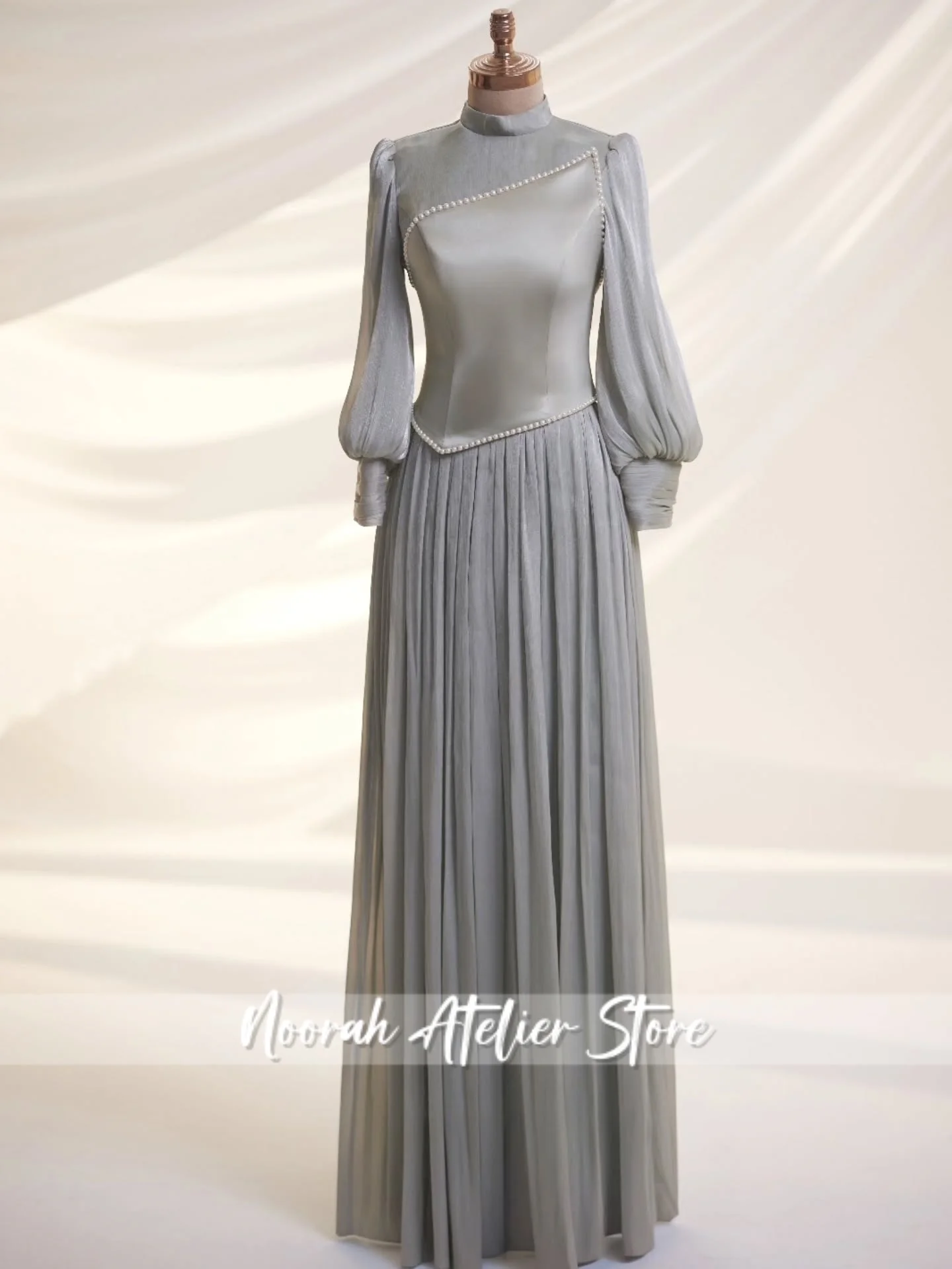 

Elegant Grey Muslim H N Long Sleeves Luxury Women Evening Dresses 2025 Crepe Wedding Gown Saudi Arabia Long Vestidos Customized
