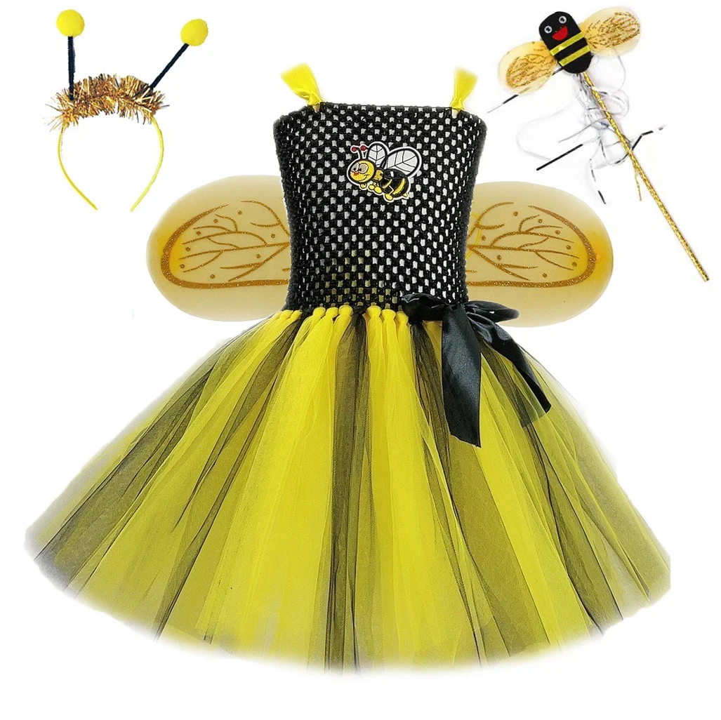 Bumble Bee Tutu Dress for Baby Girls Birthday Outfit Halloween Costume for Kids Honeybee Cosplay Dresses with Wing Headband Set