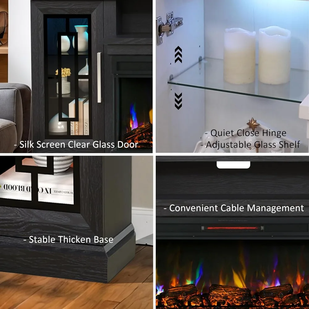 Suporte de TV com lareira elétrica de 75 polegadas, mesa console para TVs de até 80/85 polegadas, centro de entretenimento de mídia moderno LED de vidro de 3 lados