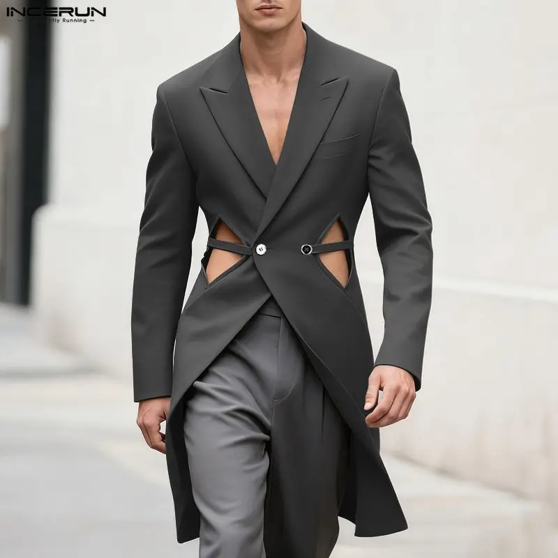 

INCERUN мужской нерегулярный пиджак однотонный с лацканами с длинным рукавом ажурный мужской костюм уличная одежда на пуговицах модный длинный стильный пиджак мужской