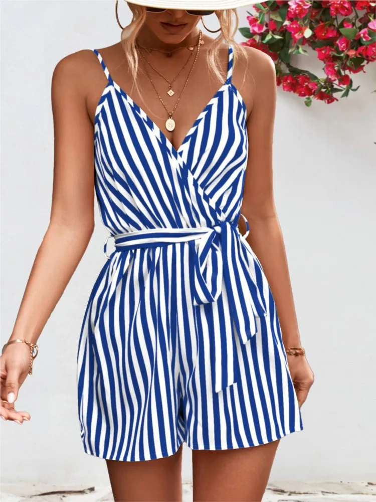 Summer Print Striped Sexy Beach Vacation For Women\'s One-piece Shorts Fashion Halter Casual Loose Lace Up Jumpsuit Shorts Female