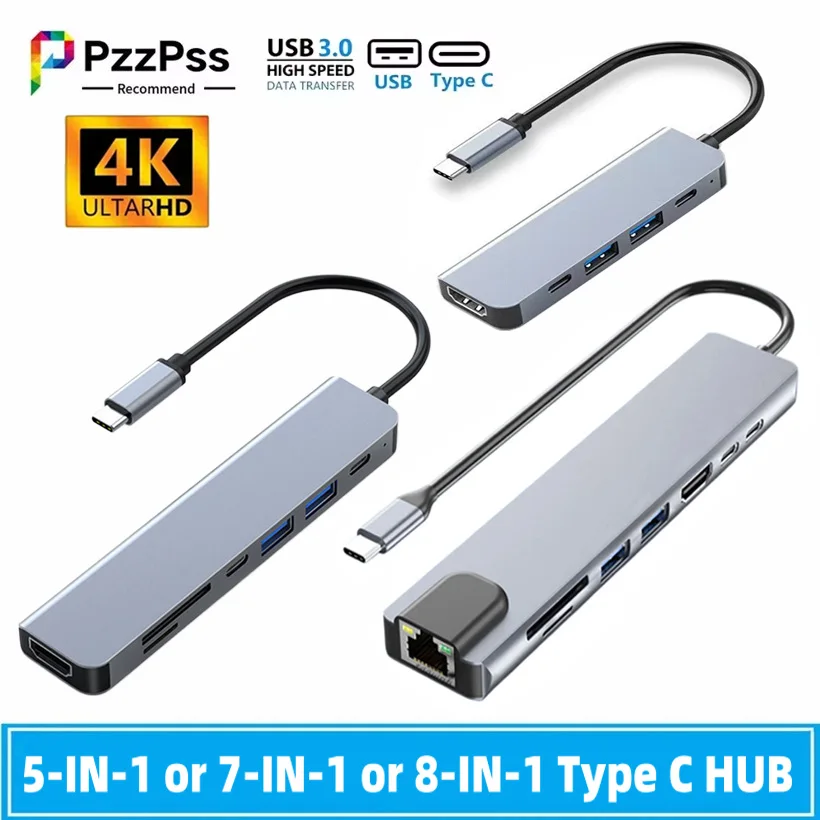 USB C HUB 5-IN-1 or 7-IN-1 or 8-IN-1 Type C To 4K HDMI- Compatible Adapter PD Fast Charge for Phone PC MacBook Notebook Laptop
