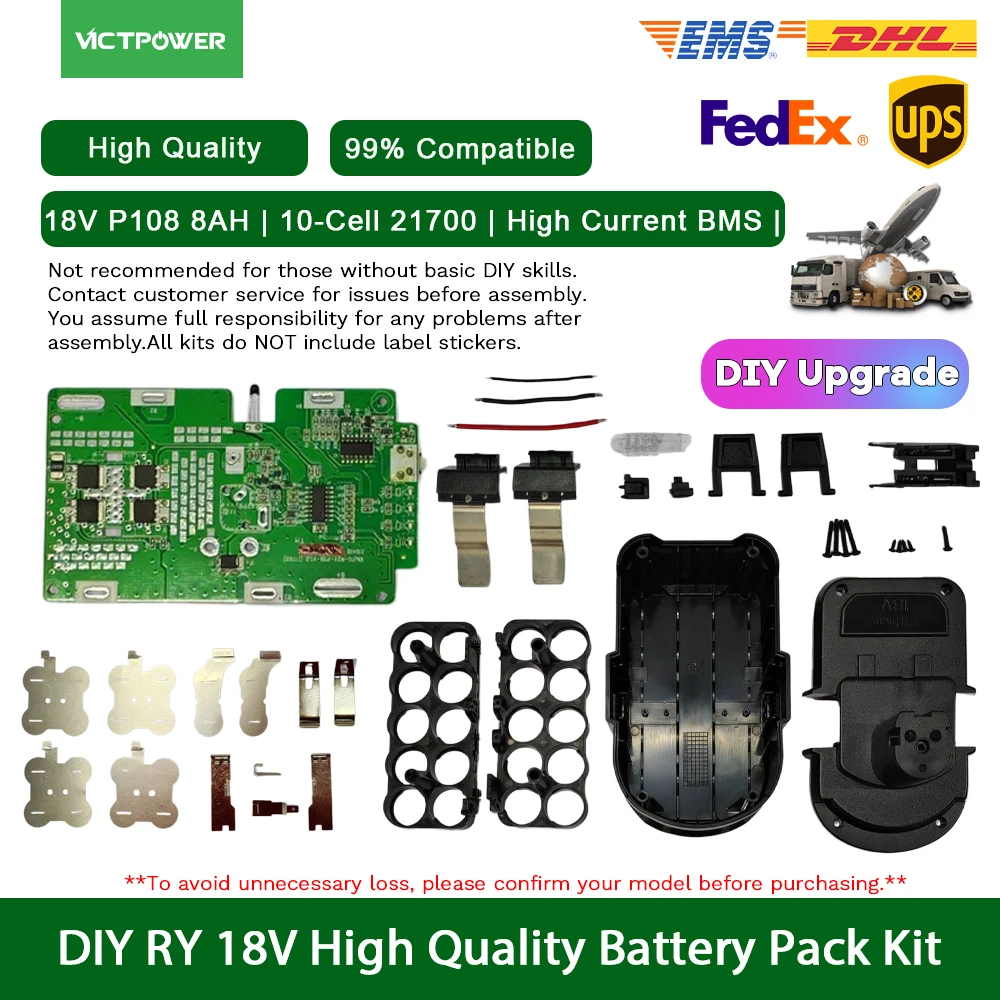 18V Slide Battery Shell Kit Compatible with P108 8.0Ah 10.0Ah 21700 10 Cells High Rate BMS for Cordless Power Tools
