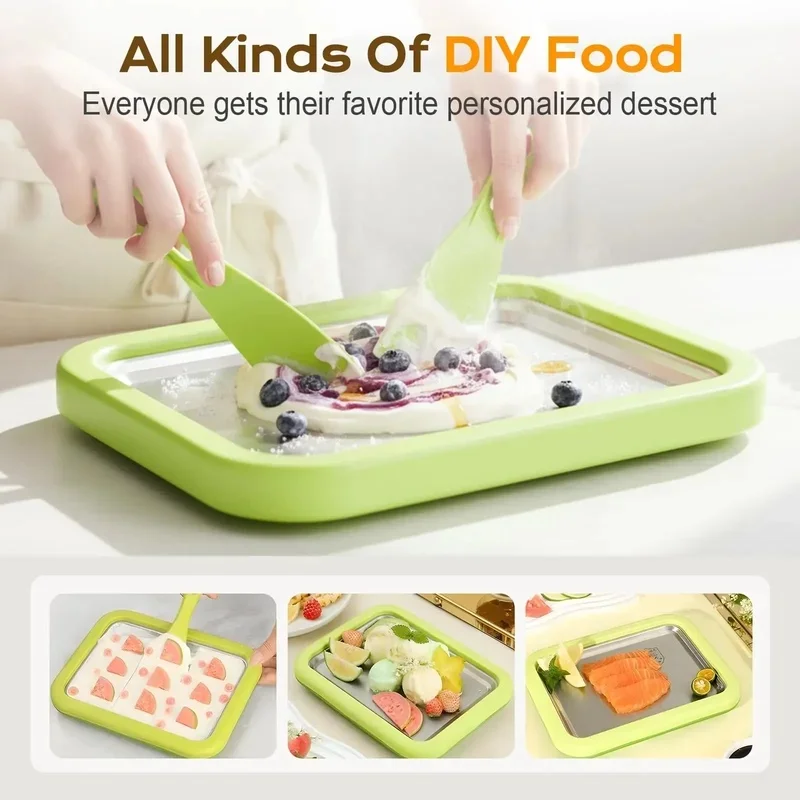 DIY Rolled Ice Cream Maker Pan with 2 Scrapers, Instant Chilled Plate for Homemade Frozen Dessert