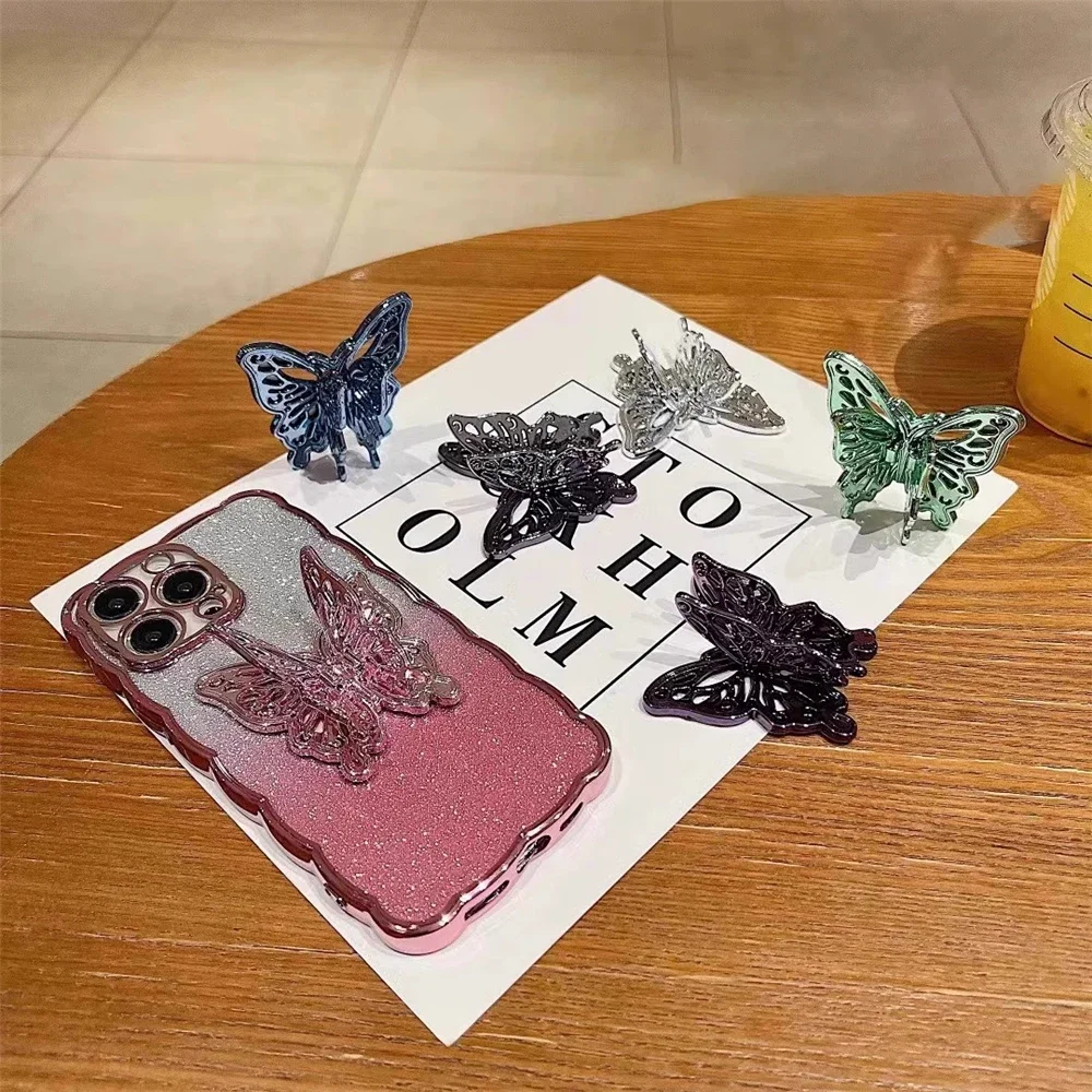 3D Butterfly Engrave Plating Mobile Phone Grip Stand Holder For iPhone For Samsung For Xiaomi For Huawei For OPPO For Infinix