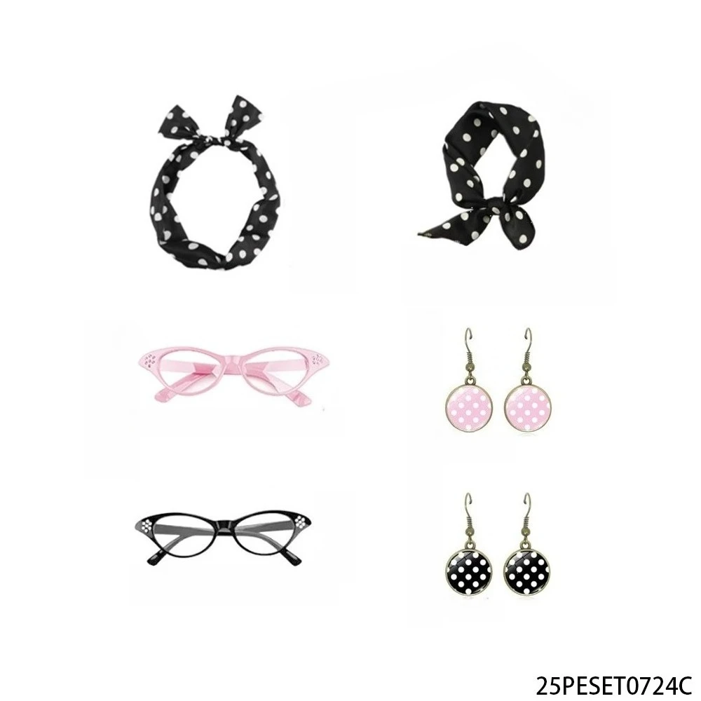 conjunto-de-acessorios-estilo-anos-50-pesenar-tiara-com-bolinhas-pretas-lenco-brincos-e-Oculos-gatinho-rosa-e-preto