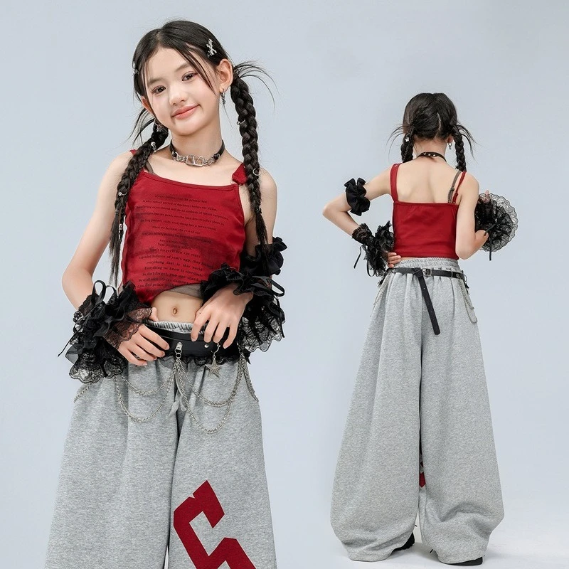 

Новый комплект для девочек: джазовый/хип-хоп костюм с принтованным жилетом, свободными брюками, крутой набор для групповых уличных танцев, сценический наряд для выступлений