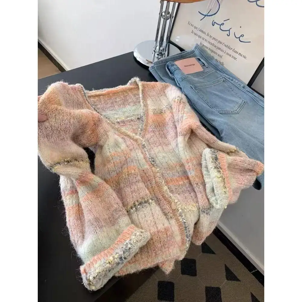 

Pink V-Ne Long Sve Knitted Sweater Cardigan Women's Loose Fit Comfortable High-End Feel Autumn Faion Woolen Coat