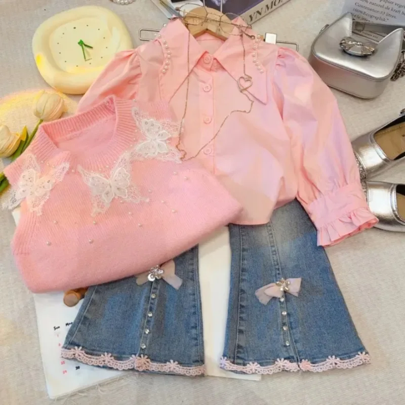 

New Product2025New Spring and Autumn Girls' Outfit Stylish Pink Knitted Vest Shirt Top Jeans Three-Piece Set