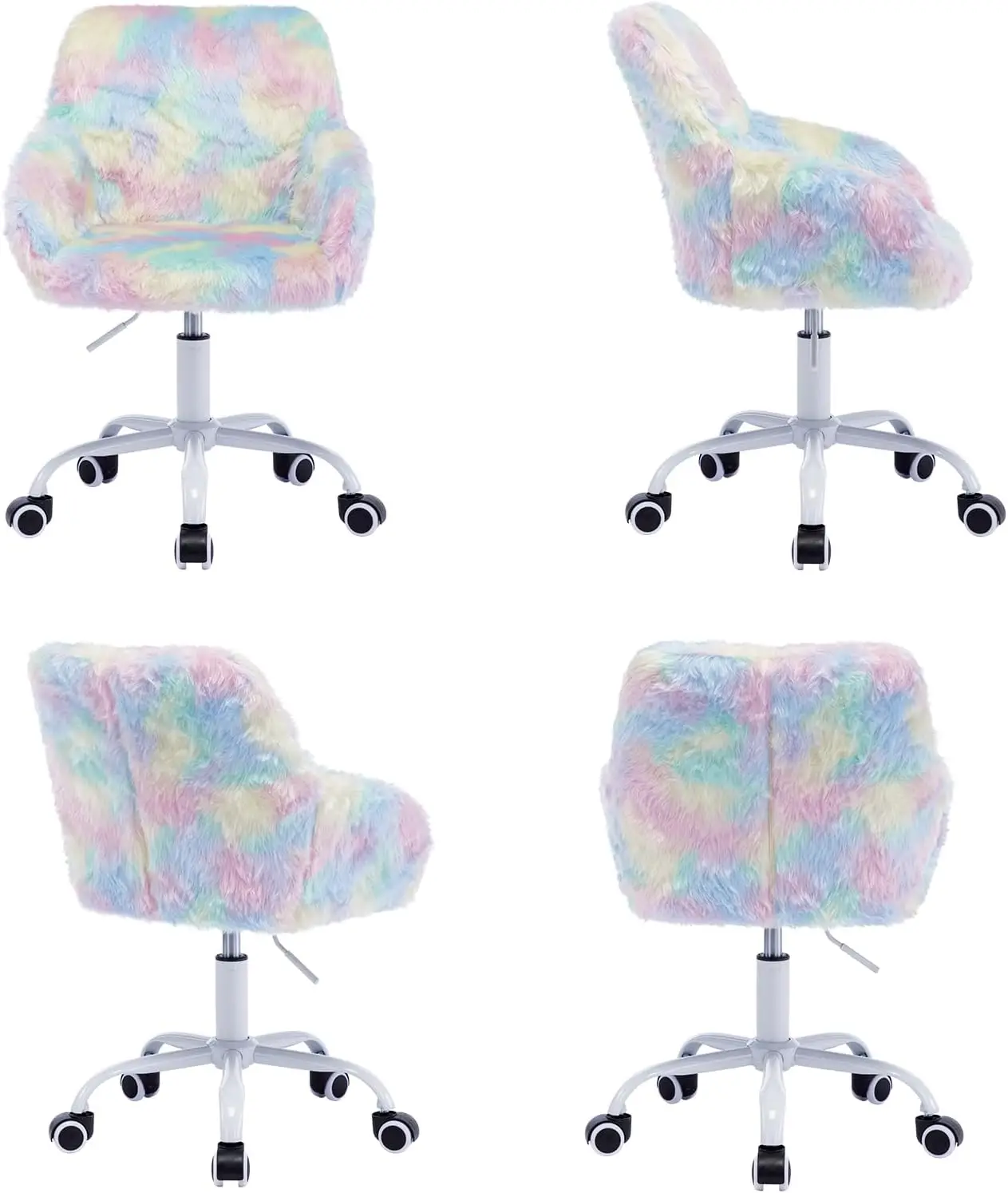 Faux Fur Colorful Upholstered Computer Chair for Boys and Girls, Cute Study Swivel Height Adjustable Arm Chair for Child, Rainbo