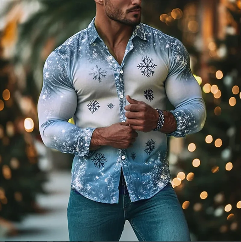 New Men's Snowflake Gradient Color Shirt Fashion 3D Printed Shirt Button Shirt Casual Long Sleeve Shirt Men's Shirt