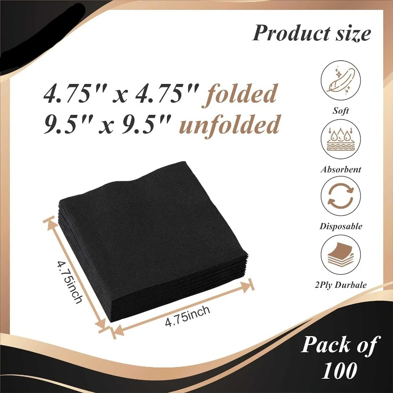 2 Ply Black Napkin-100ct Paper Cocktail Beverage Napkins, 2-Ply, Black (Pack of 100)