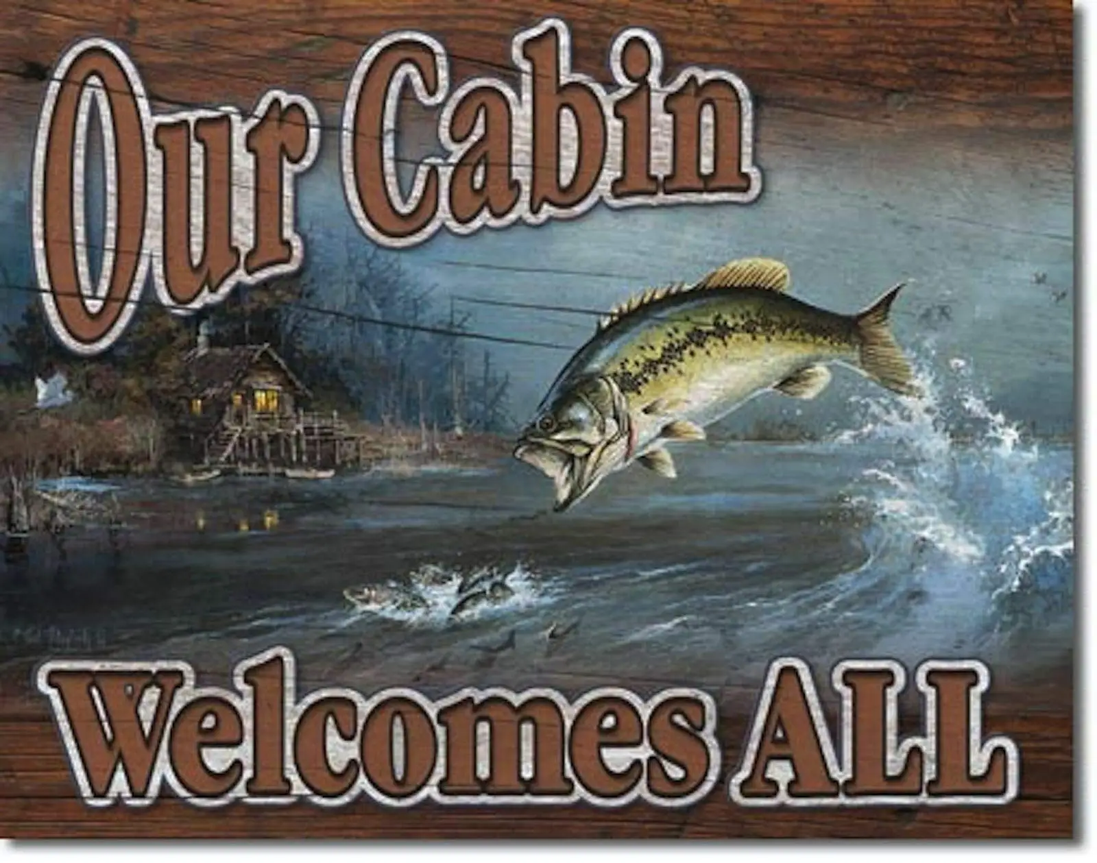 Fishing Our Cabin Welcomes All Metal TIN Sign Vintage Retro F.U.M. Tools FUM Retro Wall Home Bar Pub Vintage Cafe Decor, 8x12 In