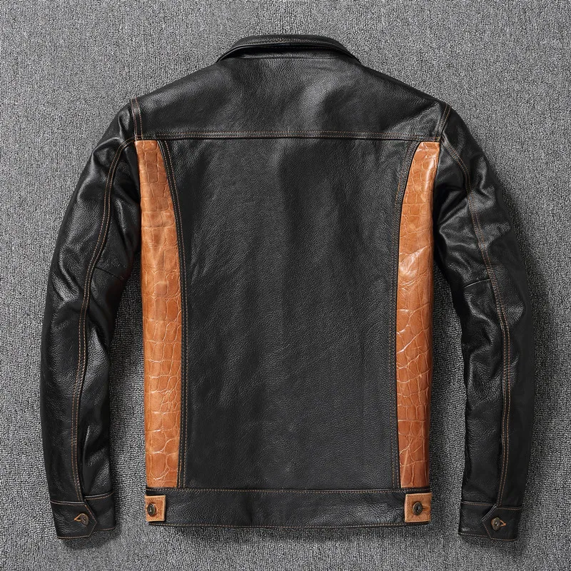 Cow Leather Patchwork Contrasting Lapel Leather Jacket for Men Casual Jacket Coats Genuine Cowhide Leather Jacket Men