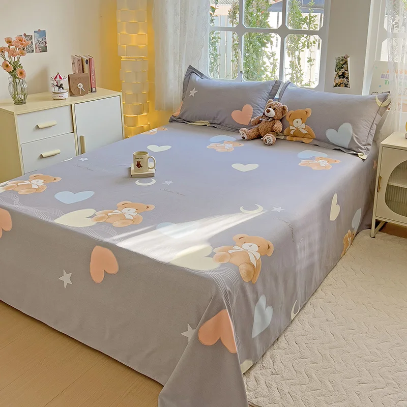 Cartoon Bear Bed Sheet Set Kawaii Bear Love Hearts Printed Bedding Set 100% Cotton Skin-friendly Soft Flat Sheet for Kids Teens