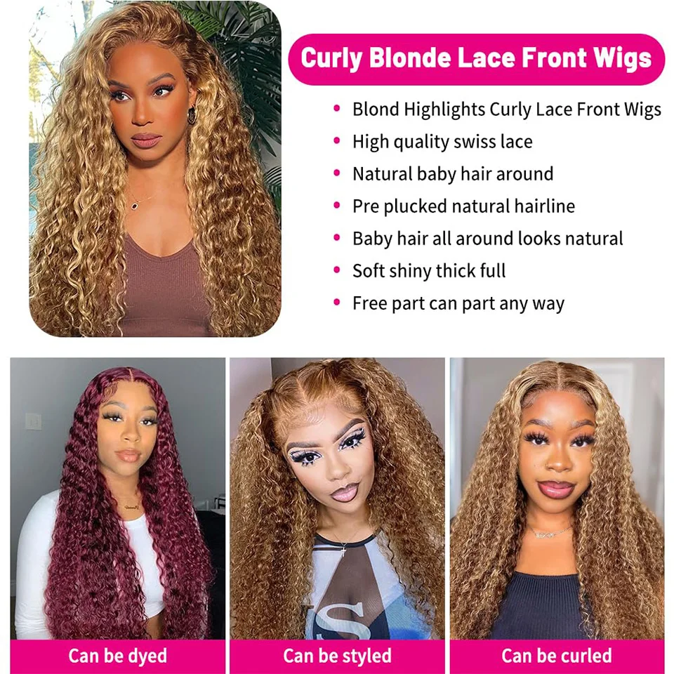 30 Inch Curly Wave Highlight Human Hair Wigs High Density Lace Front Wigs Colored Brazilian 13x6 HD Transparent Lace Frontal Wig image 4