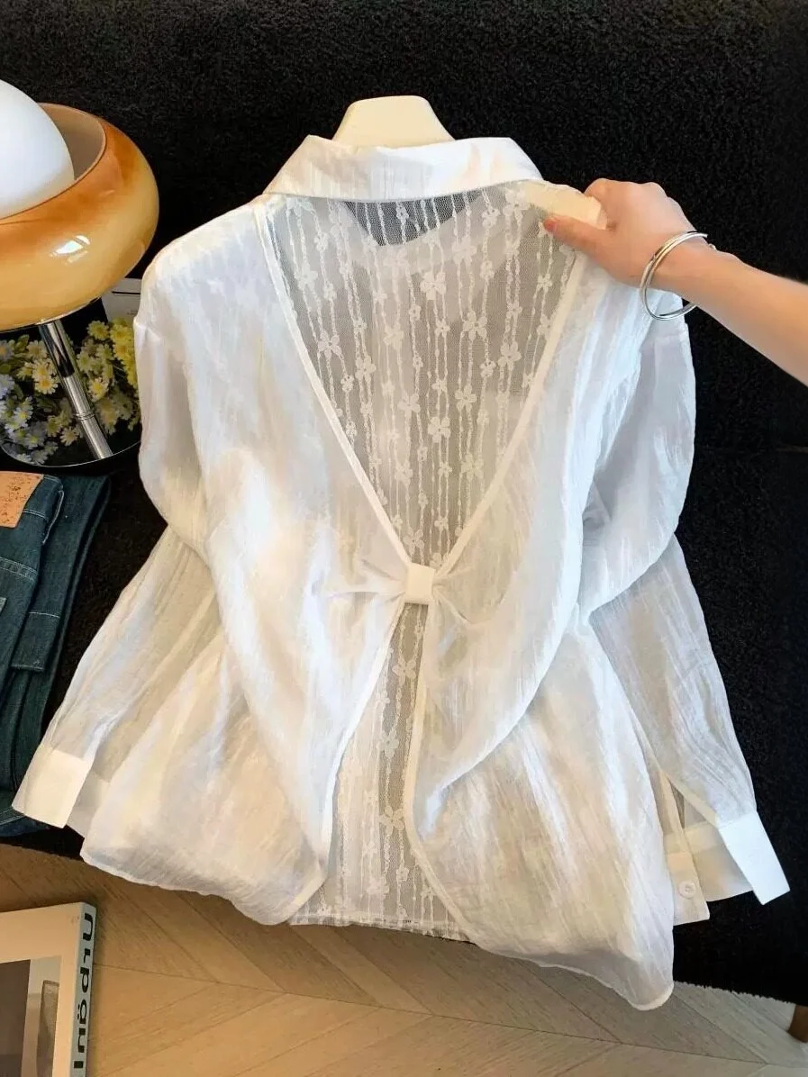 

Translucent Lace Shirt Thin Outerwear Back Split Summer Sun Protection Top Guangzhou Thirteenth Factory Women's Fashion