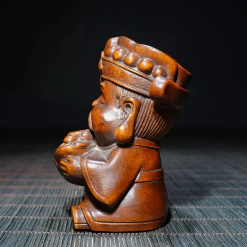 Chinese Boxwood Carving Mammon Statues Ornaments Wooden Mini Figurine Art Gifts