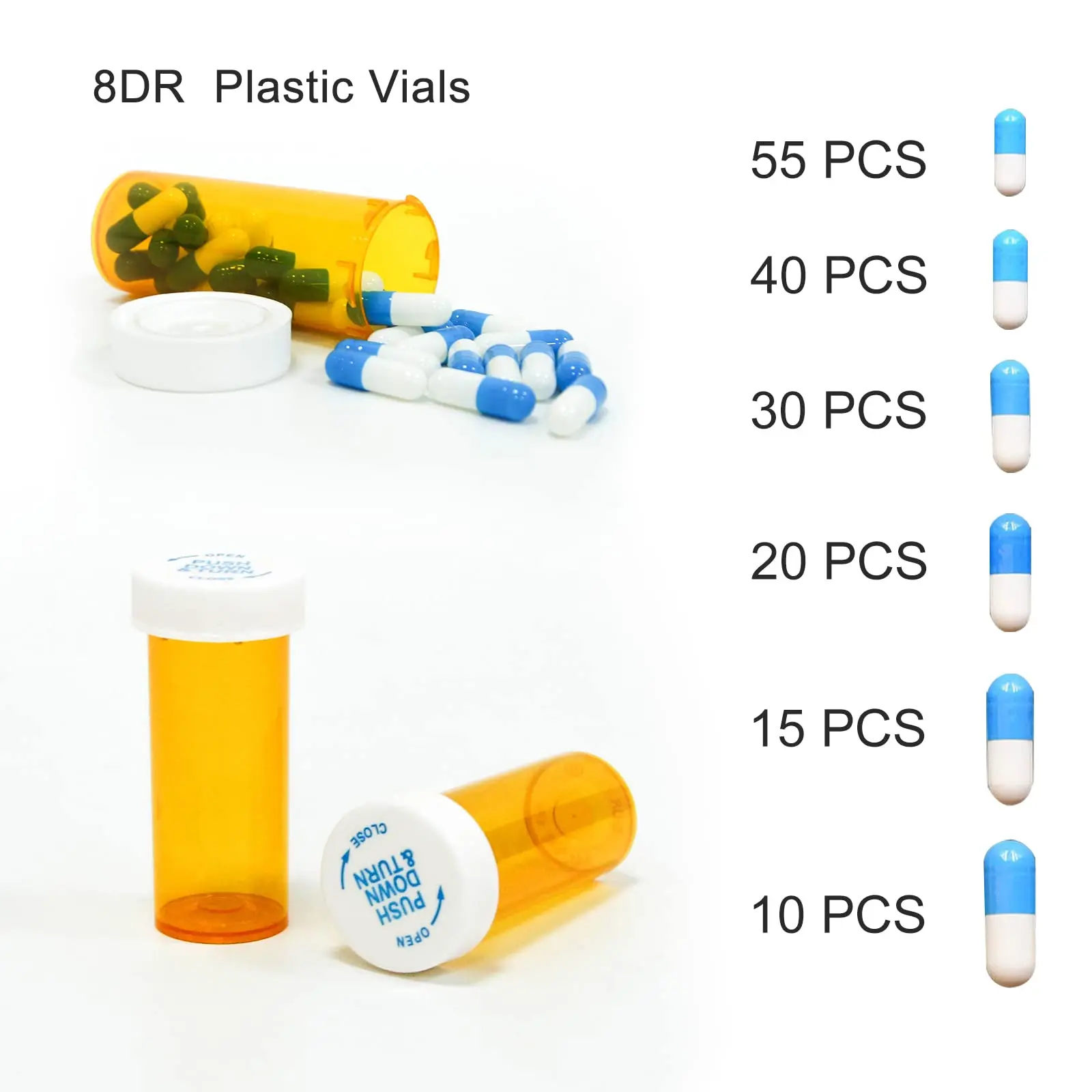 Botellas de pastillas de 20 piezas con tapa resistente a niños, 8 viales recetados de Dram, contenedores de plástico vacíos para medicina, cubierta de seguridad para viajes