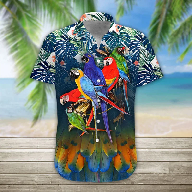 Small Size 3D Cute Animal Parrots Print Shirts Parrot Feahter Graphic Shirts & Blouses For Men Fashion Streetwear Hawaiian Shirt