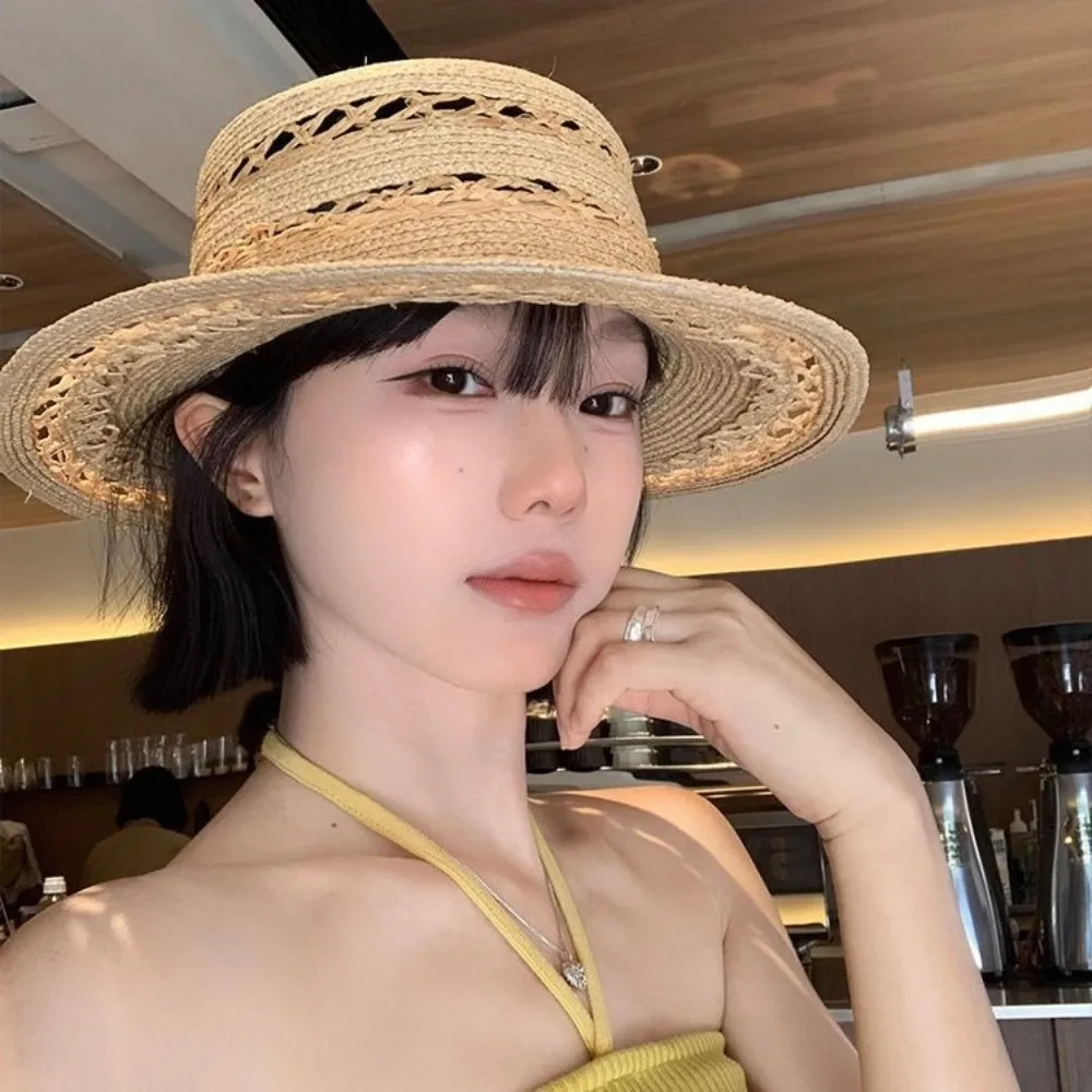 

Cute Handwoven Straw Hat Hollow Out Flat Top Fisherman Hat Breathable Bucket Hat for Outdoor Activities