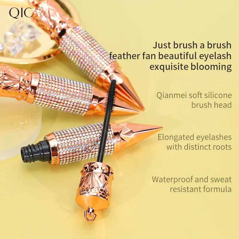 Mascara Waterproof Smudge Proof Elongate Eyelashes Makeup Tool, Natural Thick Curling, Rhinestone Decorative Shell 1pcs Gift