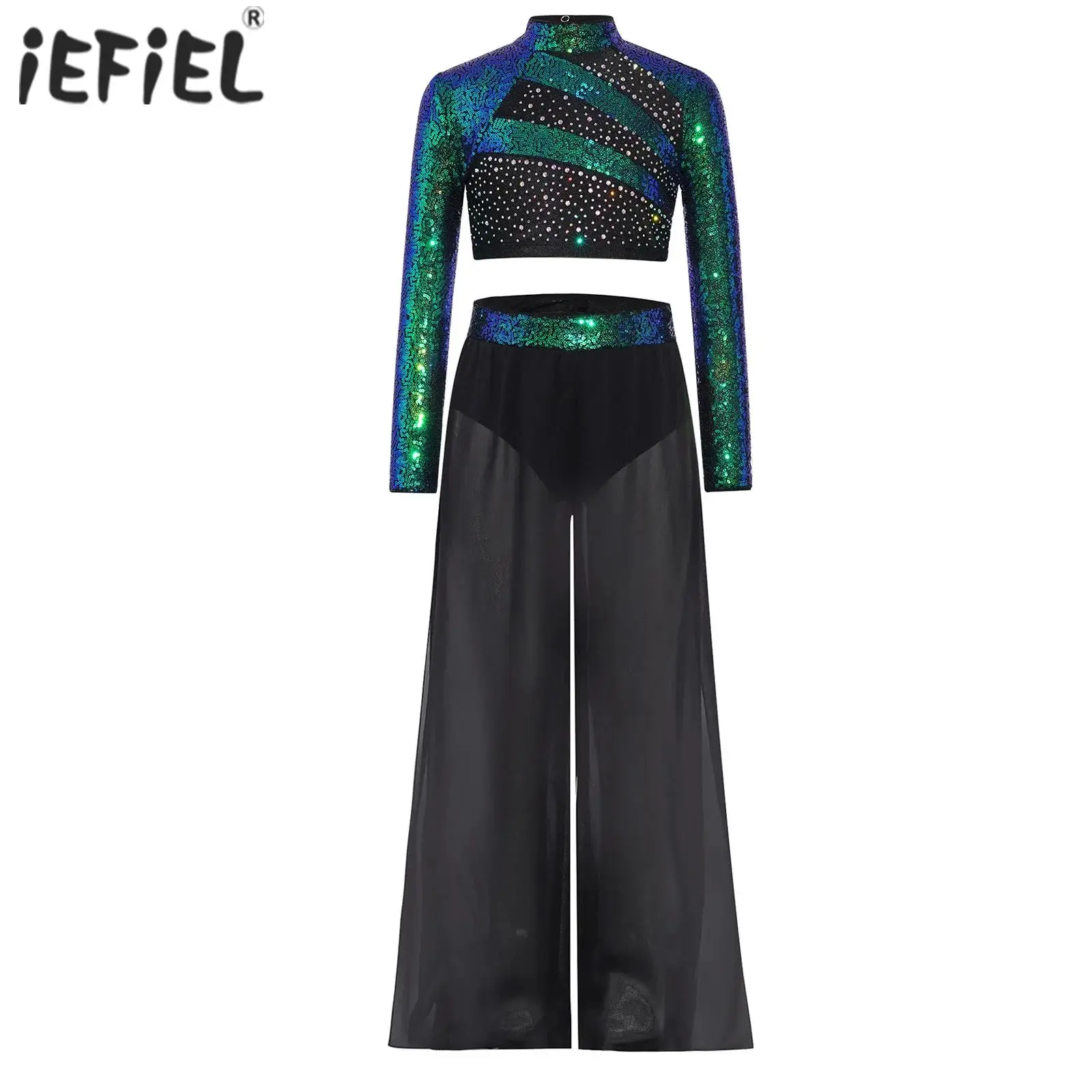 

Kids Girls Ballet Jazz Dance Outfits Hip Hop Performance Costume Sequins Crop Top with Flowing Overlay Wide-Leg Side Slit Pants