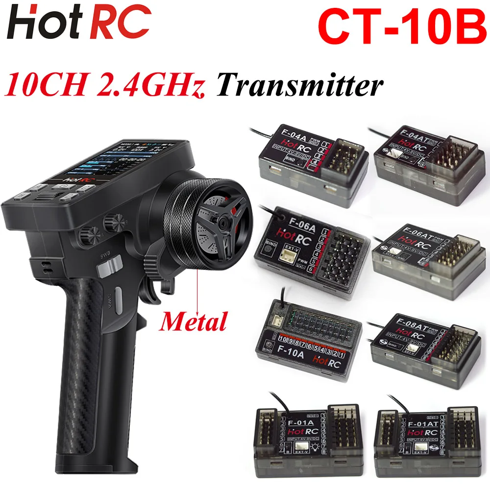 HotRC CT-10B 10CH Metal Handwheel Color Screen Transmitter F-04A F-06A F-10A  F-08AT Gyro Receiver for RC Car Aircraft Boat Dron