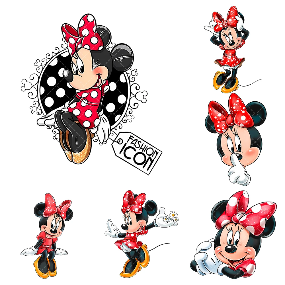 

fashion Disney Minnie red Iron On Heat Transfer Stickers For Clothes DTF Pinted Vinyl Thermal Appliques Washable T-Shirt Decal
