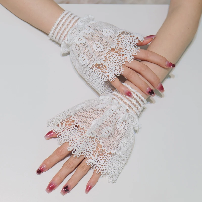 Lolita Detachable Hand Sleeves Bridal Wrist Decorative Fake Cuffs Lace Fingerless Gloves For Cosplay Party