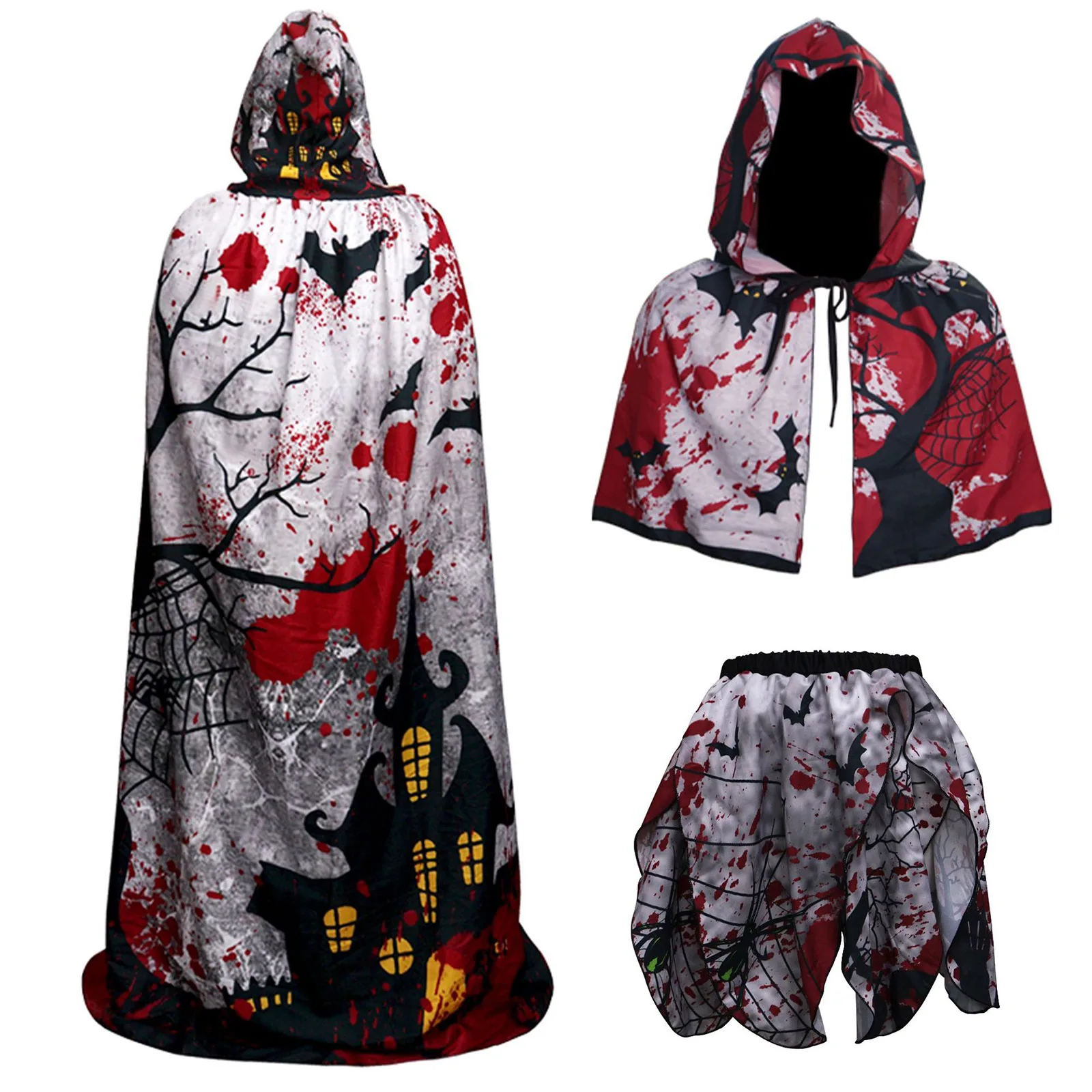 

Halloween Cloak Eerie Terrifying Printed Patterns Gothic Witch Cape for Cosplay Dress Up Costume Accessories Hooded Long Robes