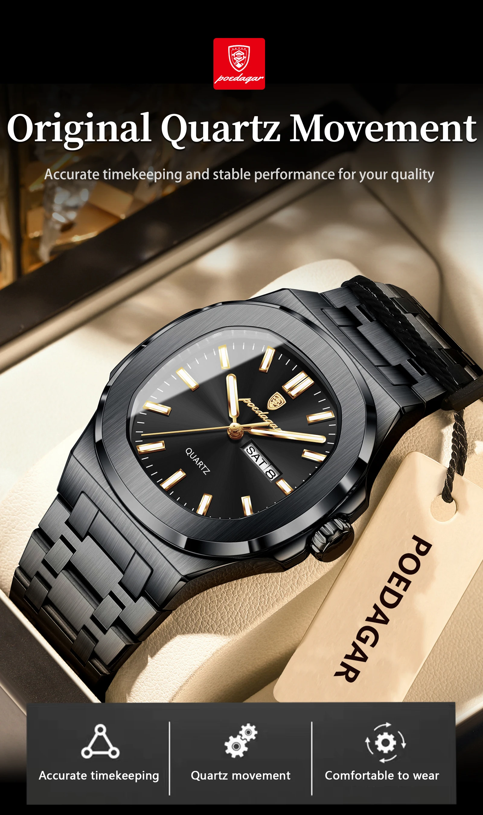 POEDAGAR Luxus Platz herren Uhren Wasserdicht Leucht Datum Woche Männer Uhr Edelstahl Mode Quarz Mann Armbanduhr Reloj – Detail 8