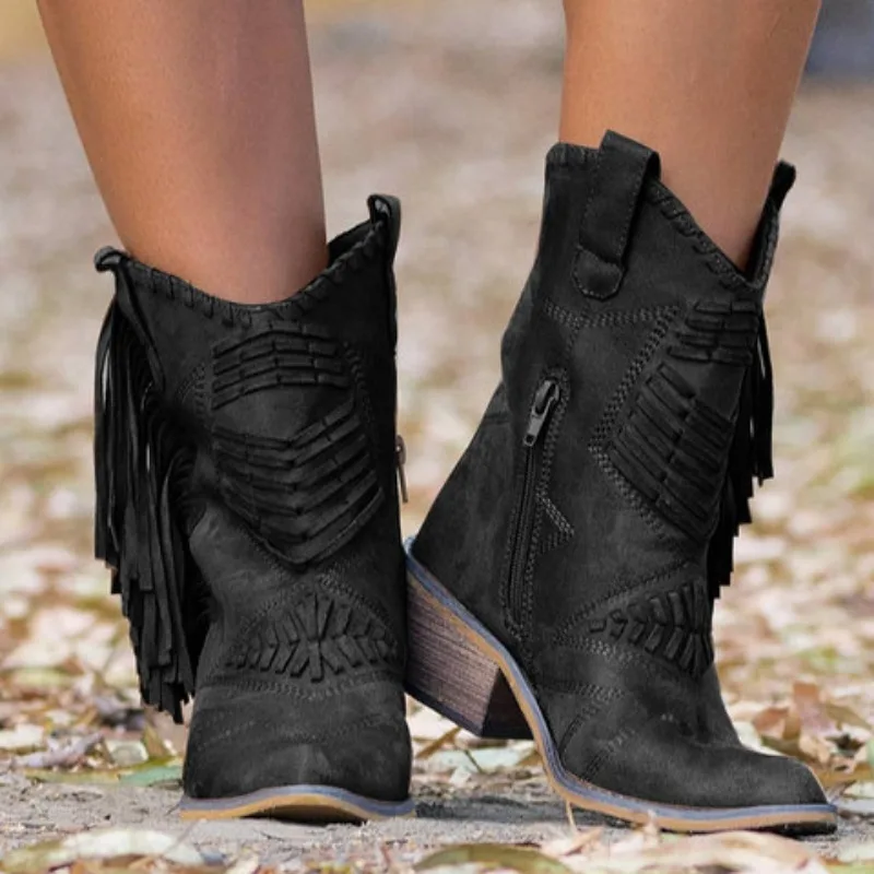 Women New Fashion Tassels Embroider Cowboy Boots Autumn Pu Leather Knee High Boots Woman Pointed Toe Square Heels Western Botas