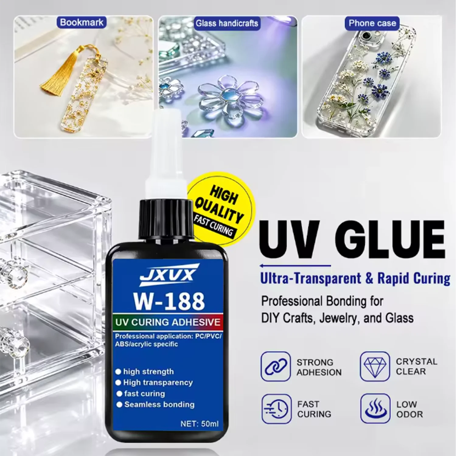 JXVX50g W-188 Transparent and Low Odor UV Resin Plastic Bubble Free UV Curing Plastic Craft Accessories Glass Patch Parts Repair