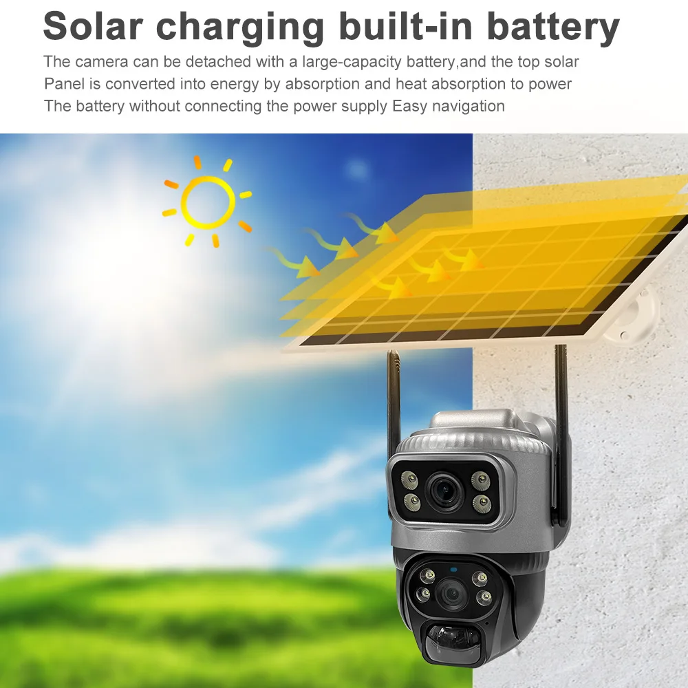 4MP Solar Camera Outdoor Dual Lens Dual Cameras Two Way Audio HD Night Vision Wireless Mobile Remote Monitor Built-in Battery