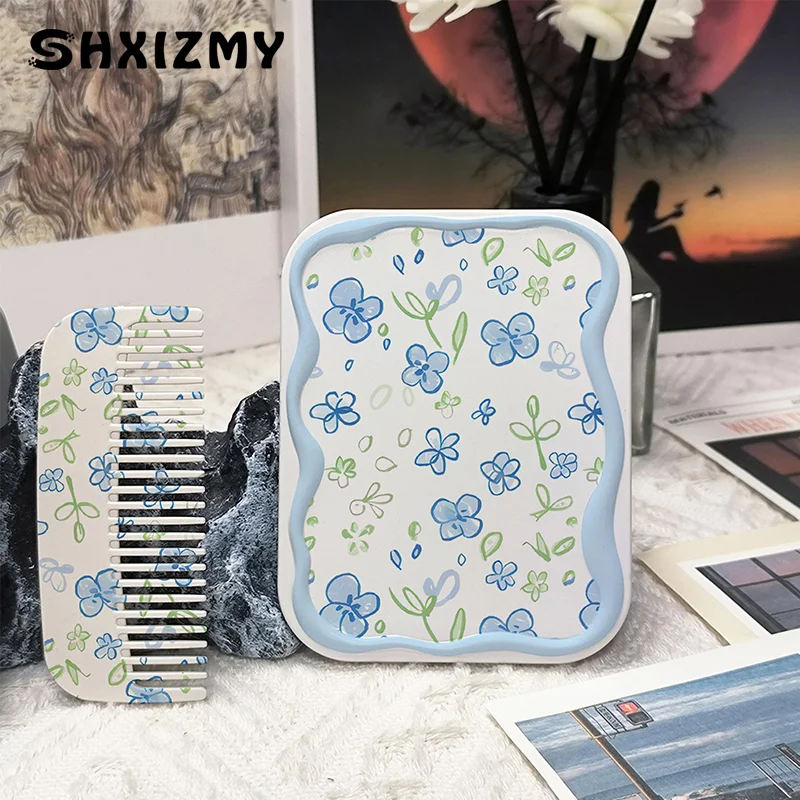 Cartoon Blue Flowers Pattern Flip-Top Folding Makeup Mirror Portable Pocket Mirror Rectangle Cosmetic Mirror With Comb For Women