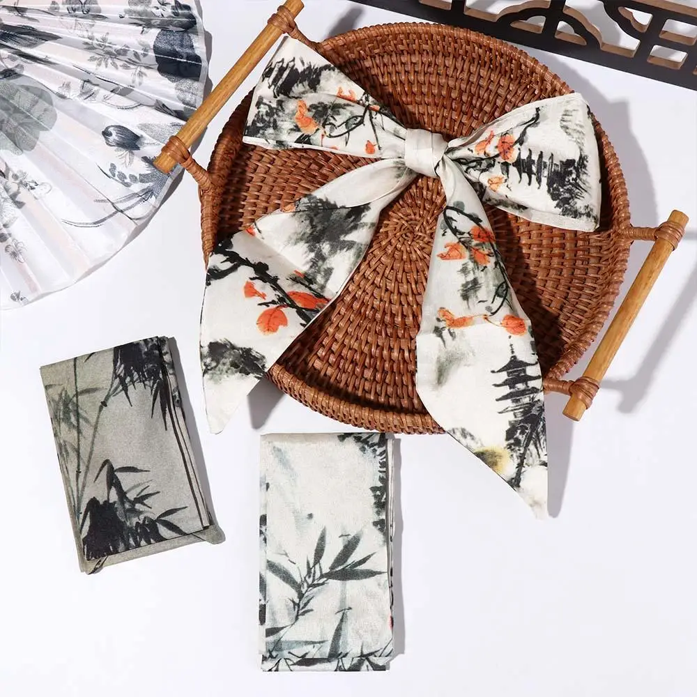 Simple Long Ink Painting Silk Scarf Ribbon Minimalist Style Long Silk Scarf Ancient Style Printed Scarf Ribbon Headband Girl