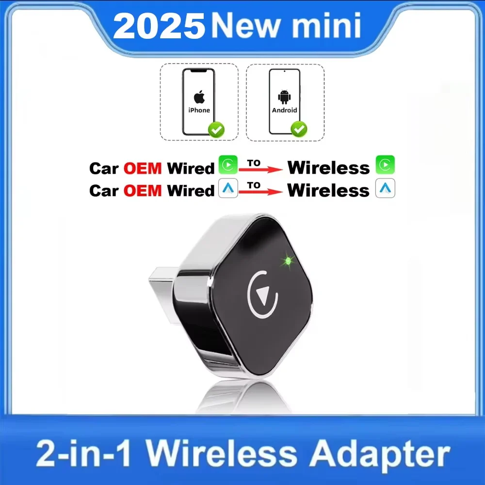 

2026 Мини-адаптер 2-в-1: проводной в беспроводной CarPlay/Android Auto донгл, автоматическое подключение, Plug&Play, Bluetooth, WiFi, универсальный мини-бокс