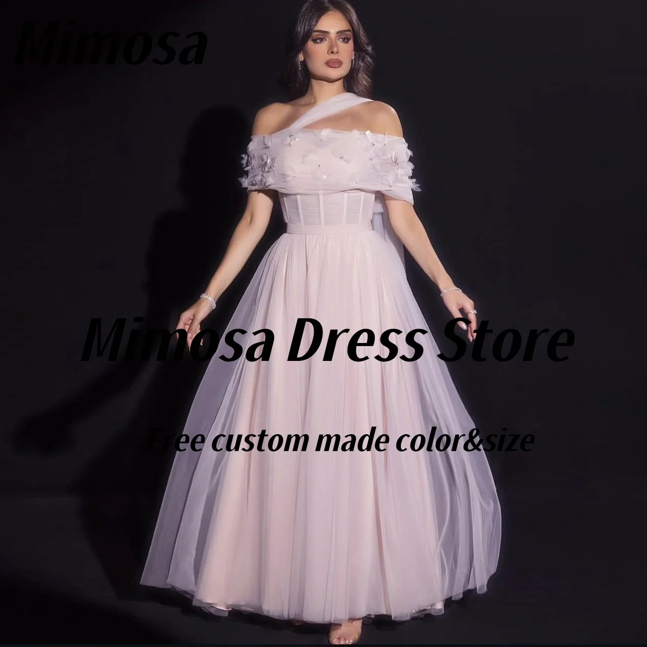 

Mimosa Prom Dresses Beaded 3D-Applique Shawls Bridal Gowns Soft Tulle Long Elegant Evening Party Dress Customized