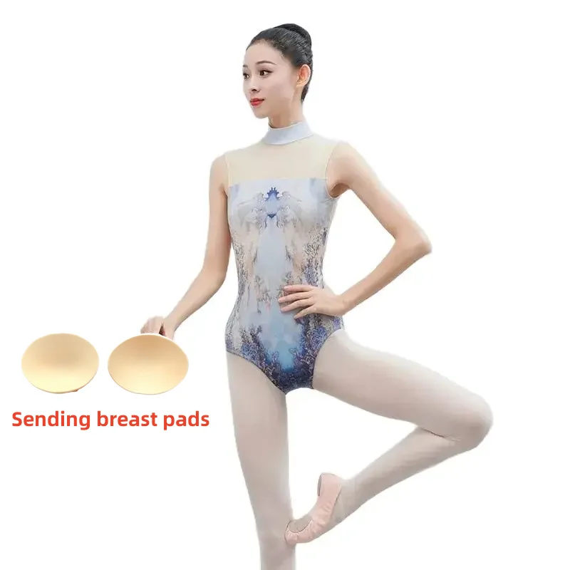 Bedruckte High-Neck-Ballett-Tanz anzüge mit Mesh-Patchwork-Spandex-Tie-Dye-Gymnastik-Yoga-Tanz kostüm inklusive Brust polstern