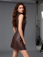 Women's Sleeveless Leather V Neck Mini Dress Zipper Front Bodycon Dress With Pockets - Image 5