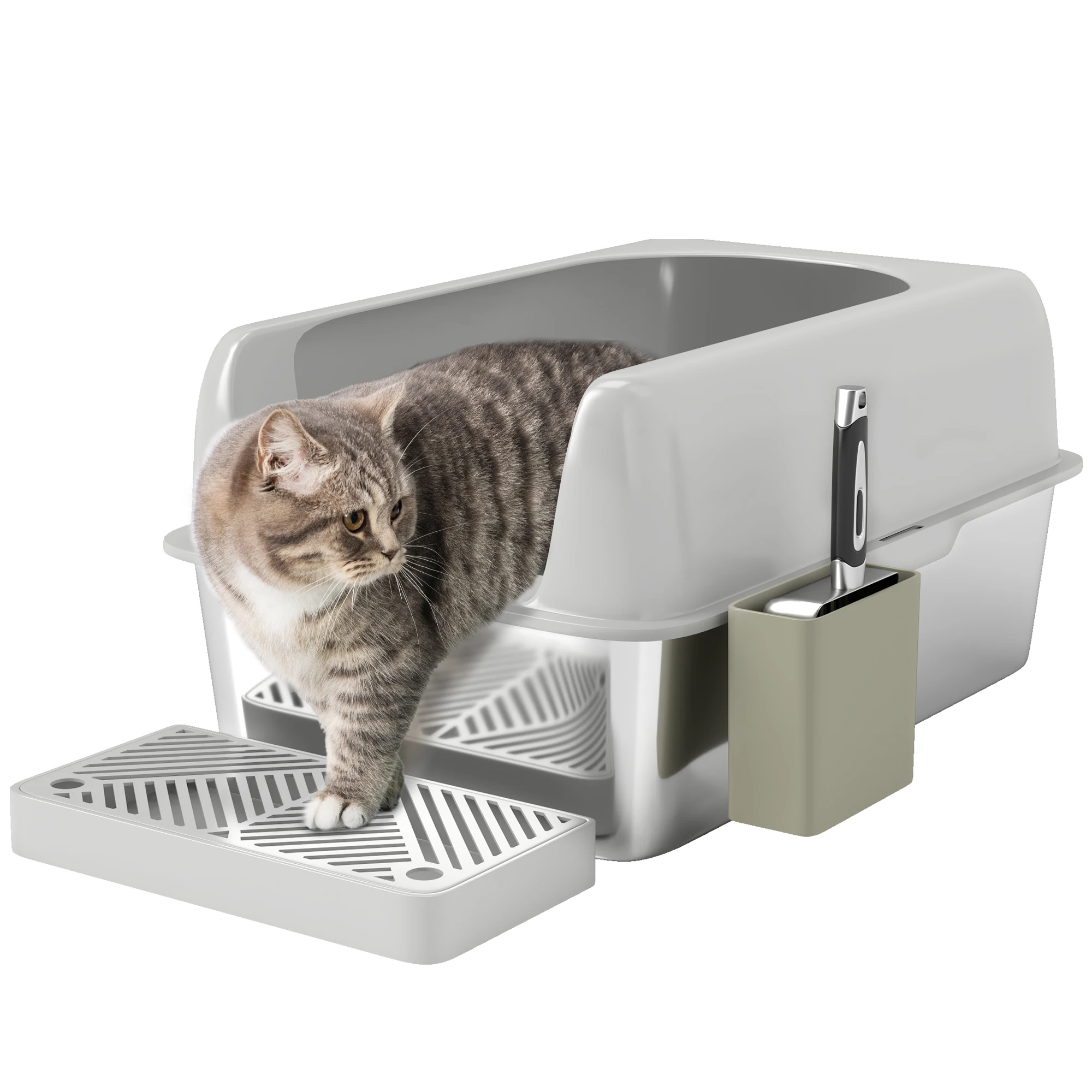 PawHut Bac à litière pour chat en acier inoxydable facile à nettoyer avec bords hauts anti-fuite d'urine, pelle inclus, gris