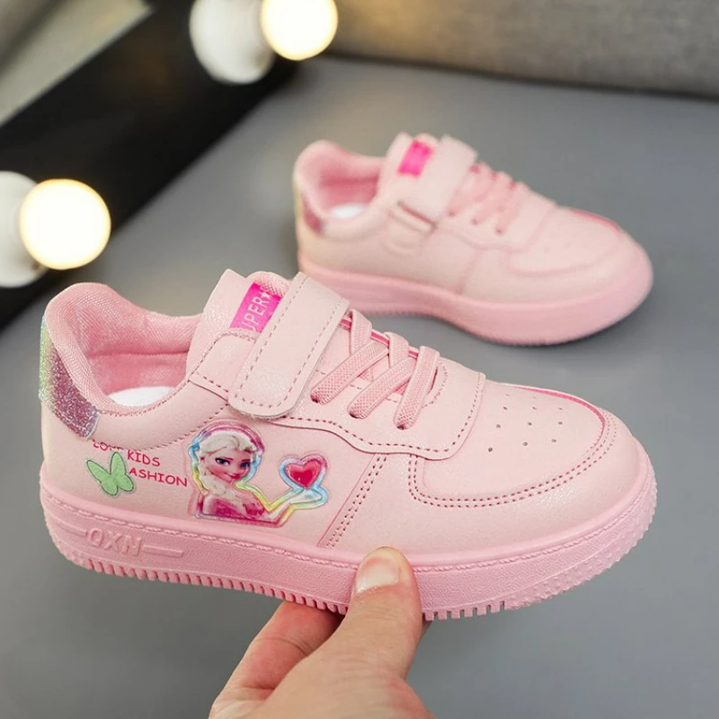 Disney scarpe Casual bianche per bambini primavera autunno scarpe sportive impermeabili traspiranti in pelle PU rosa scarpe antiscivolo taglia 25-36