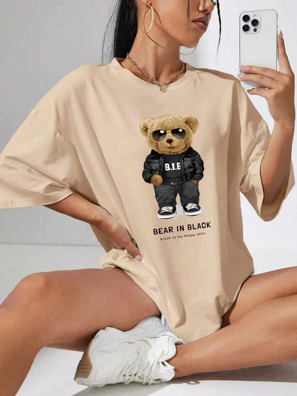 

Teddy Bear In Black That Is My Happy Color Prints Womans T-Shirt Cotton Soft Tops Summer Casual Tee Shirts Loose O-Neck Clothes