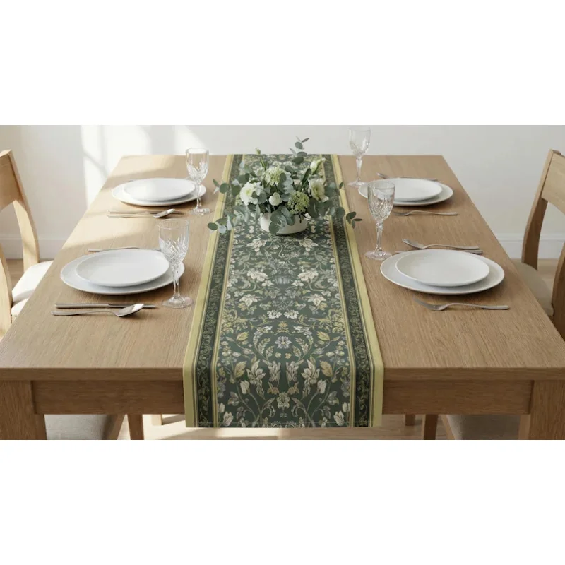 VIKAMA Art Deco Floral Table Runner in Sage Green Cotton Twill Traditional Botanical Table Decor