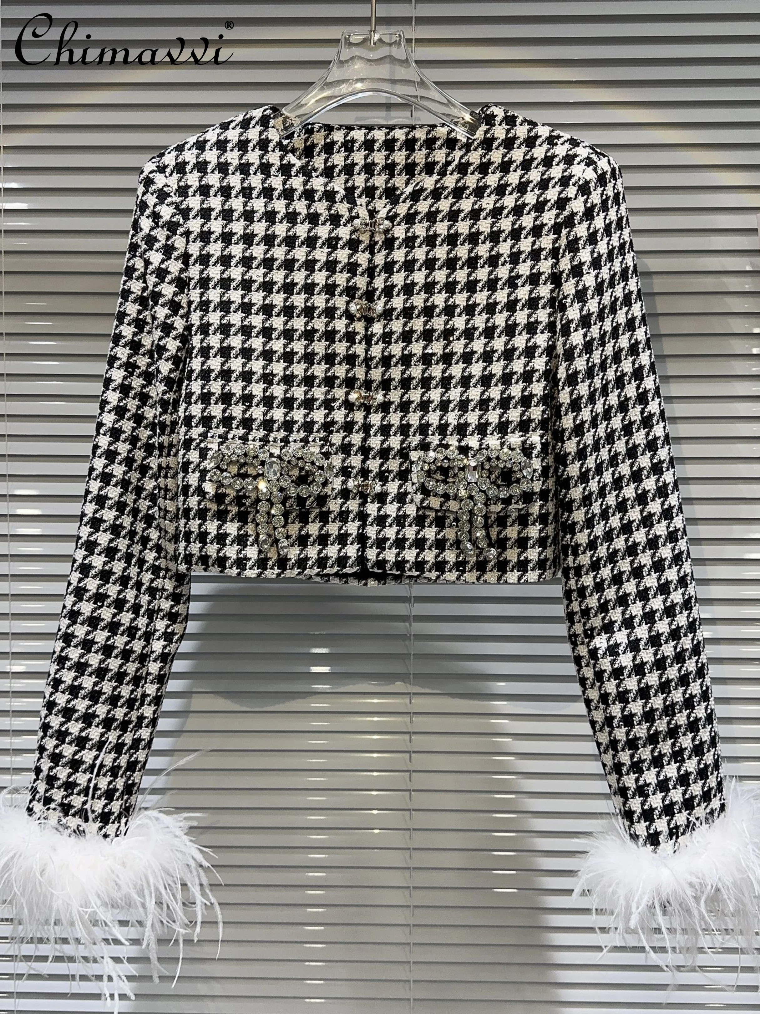 

Fashion Houndstooth Tweed Coat 2023 Autumn Clothes New Ostrich Fur Sleeve Rhinestone Bow Coat Elegant Office Lady Jackets