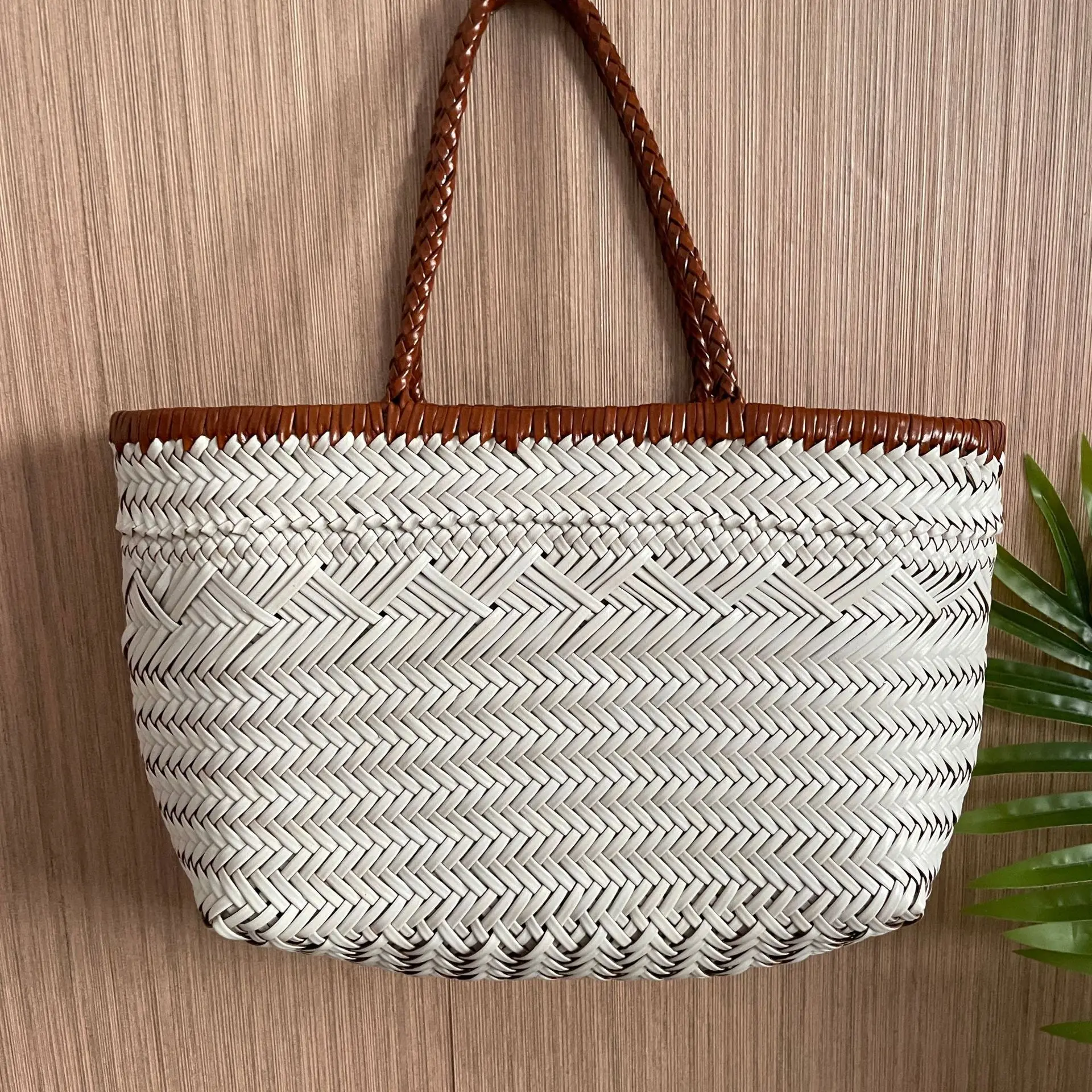 

Vegetable Basket Bag Vintage Genuine Leather Handwoven Tote Bag Handbag Shoulder Bag