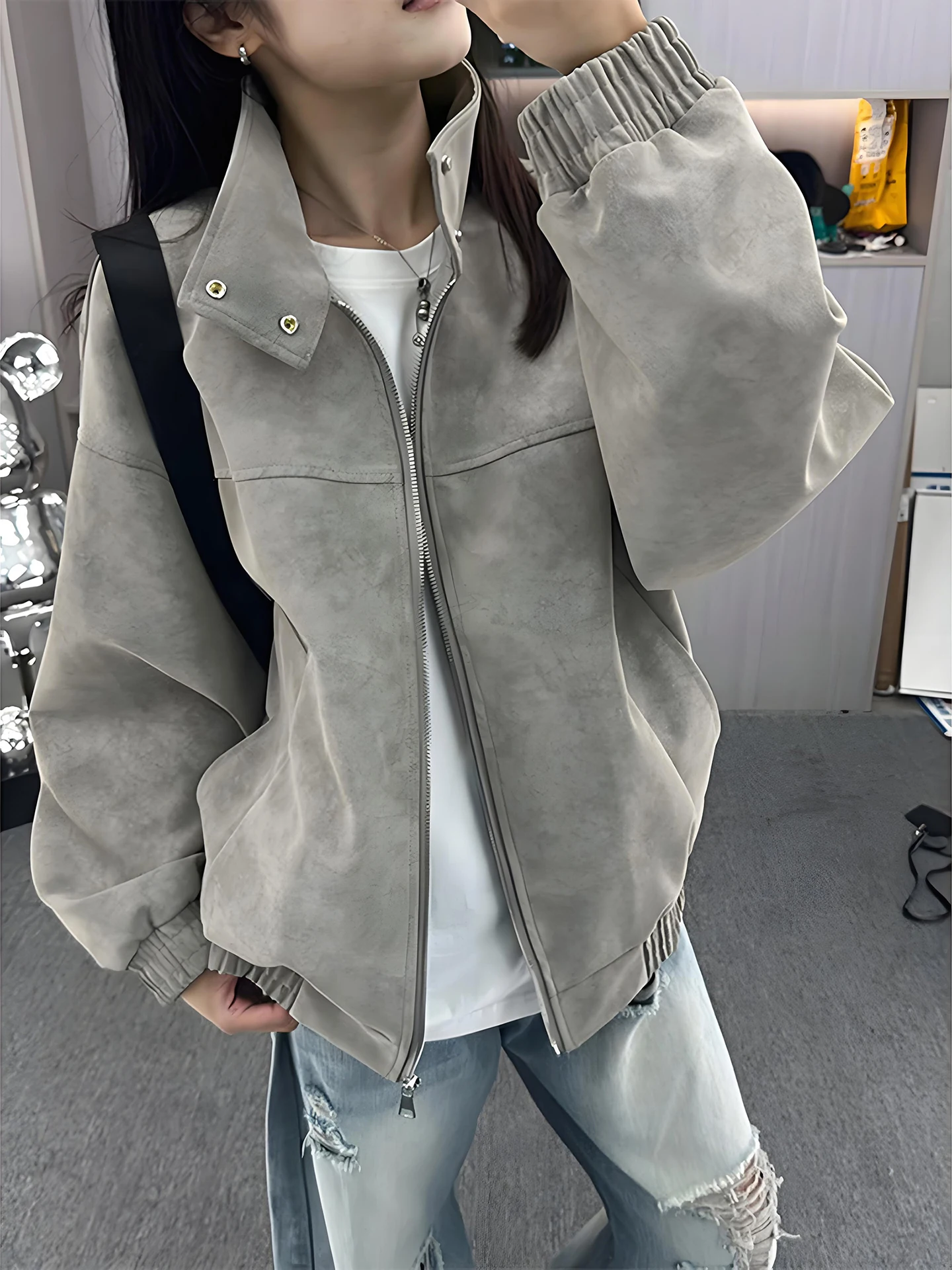 

American Dyed PU Leather Jaet Men's Autumn Winter Fce Lined Stand Collar Baseball Sle Workwear Flight Jaet Cotton