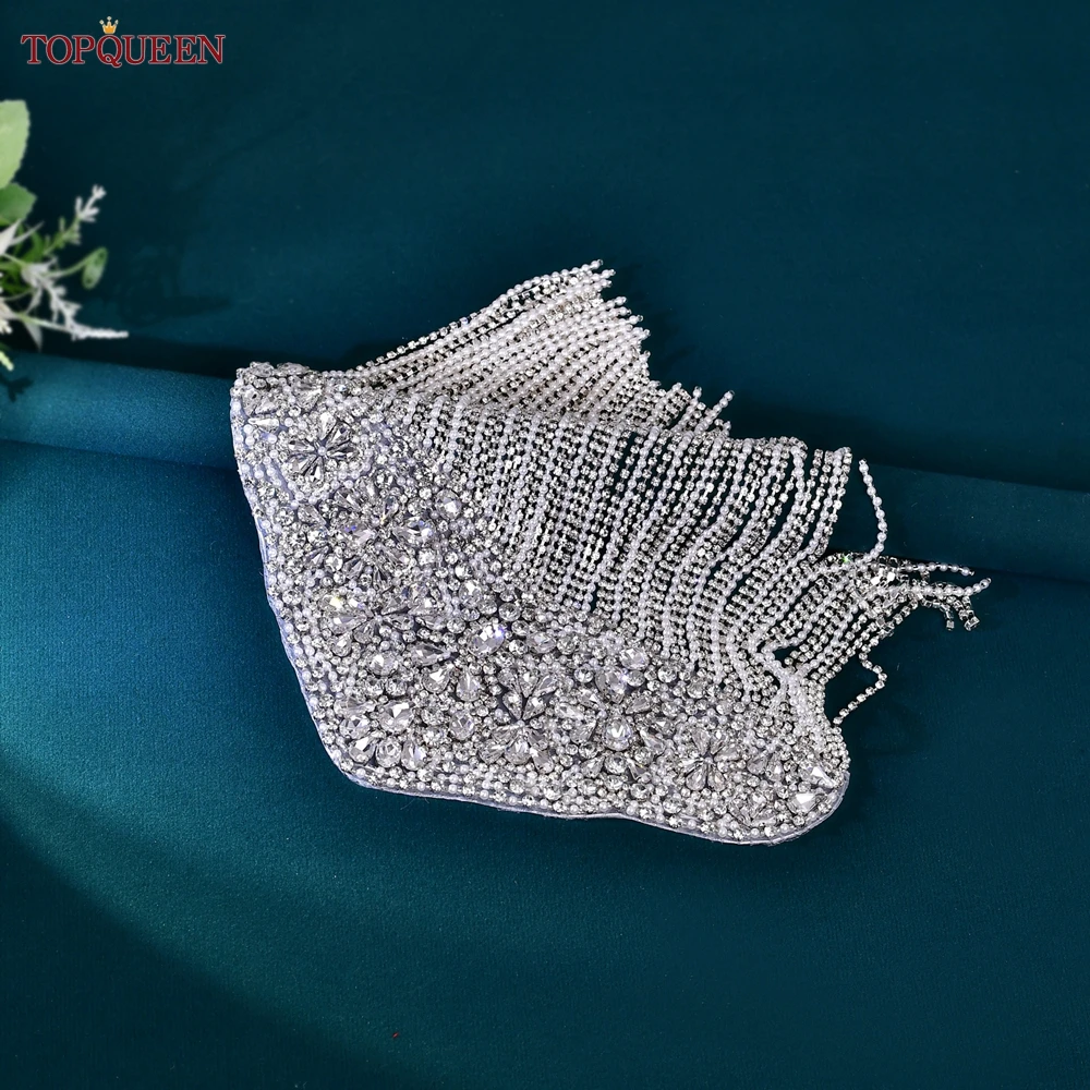 TOPQUEEN SP36 Rhinestone Applique Bling Large Sewing Patches Epaulets for Women Ladies Bridal Party Clothing Dresses Gown Coats