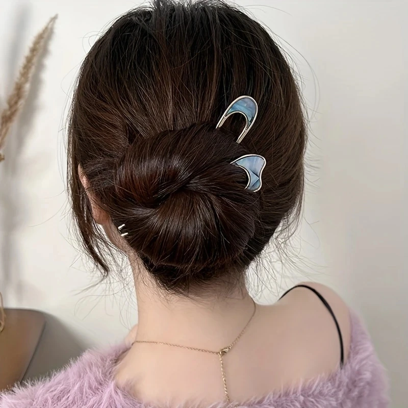 2pcs Elegant U-shaped Hairpin Shell Hairpin Metal Hair Pins Hair Fork French Simple Hair Accessories for Women Fashionable